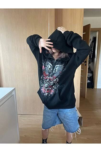 Harajuku Gothic Skull and Rose Siyah Fermuarlu Sweatshirt