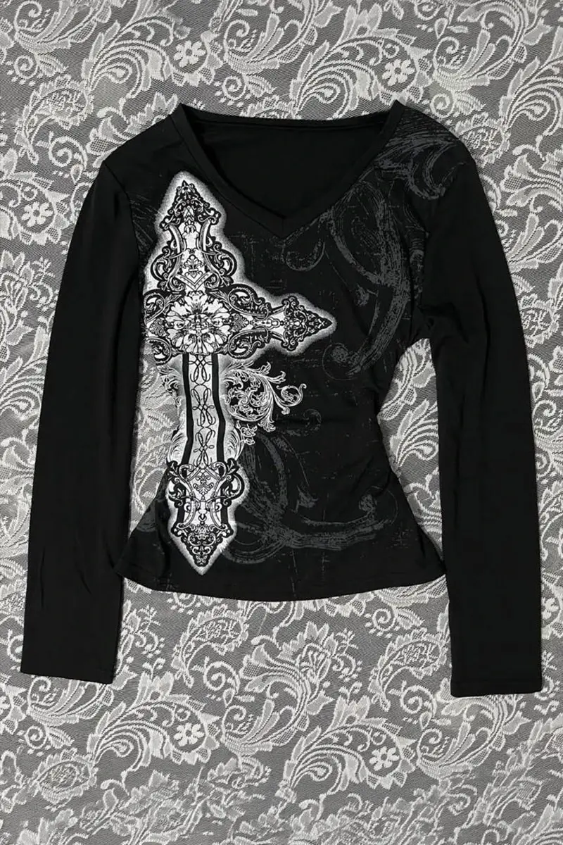 Siyah Cross Motifli Gotik Y2K Uzun Kollu Crop