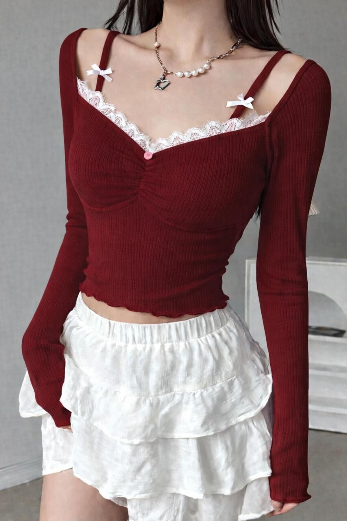 Pinterest Madonna yaka dantelli rose askı detaylı coquette lolita tam boy bluz Kırmızı - XS
