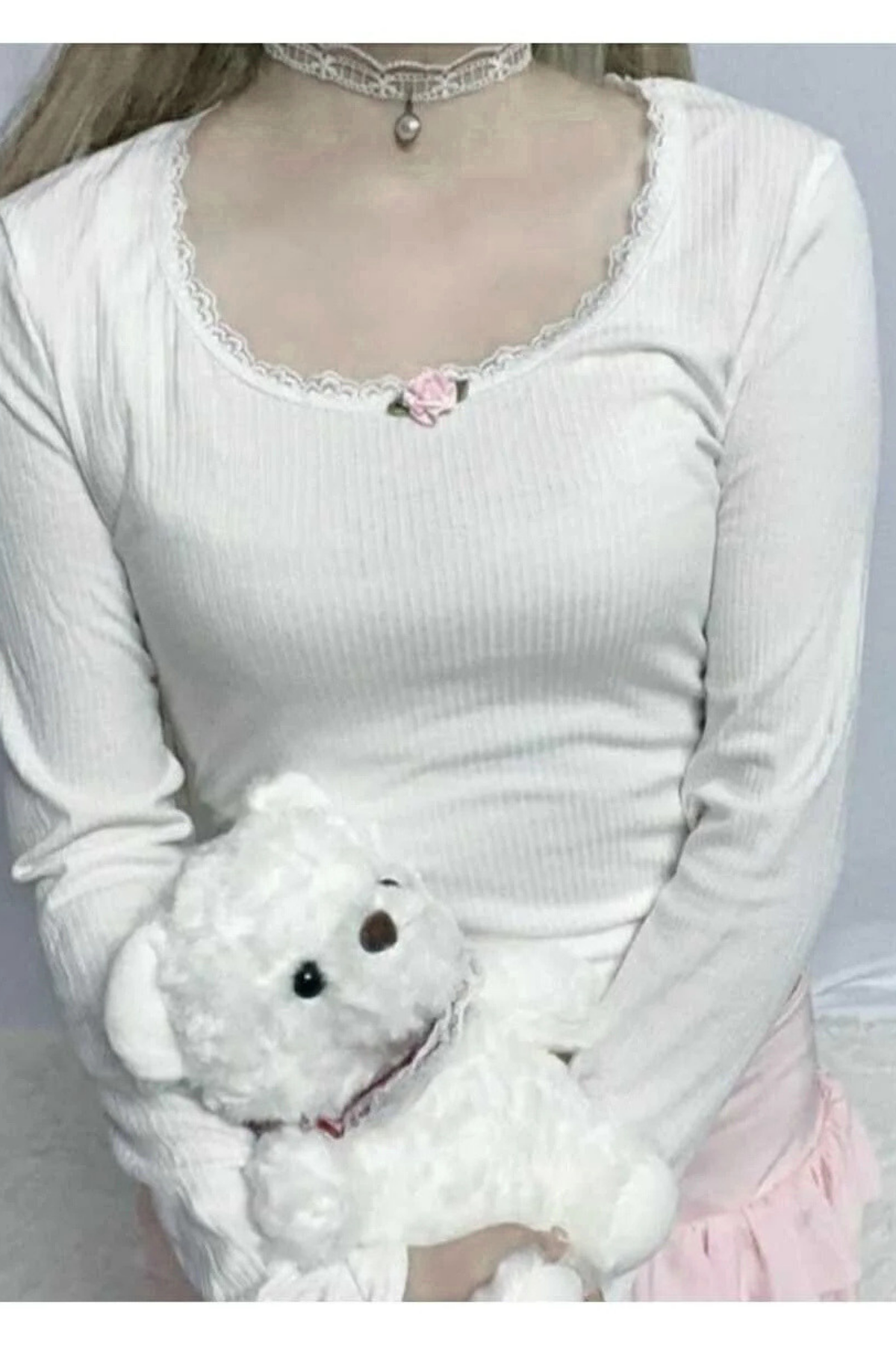 Coquette Lolita Pinterest Tam Boy Güllü Bluz Beyaz - 2XL