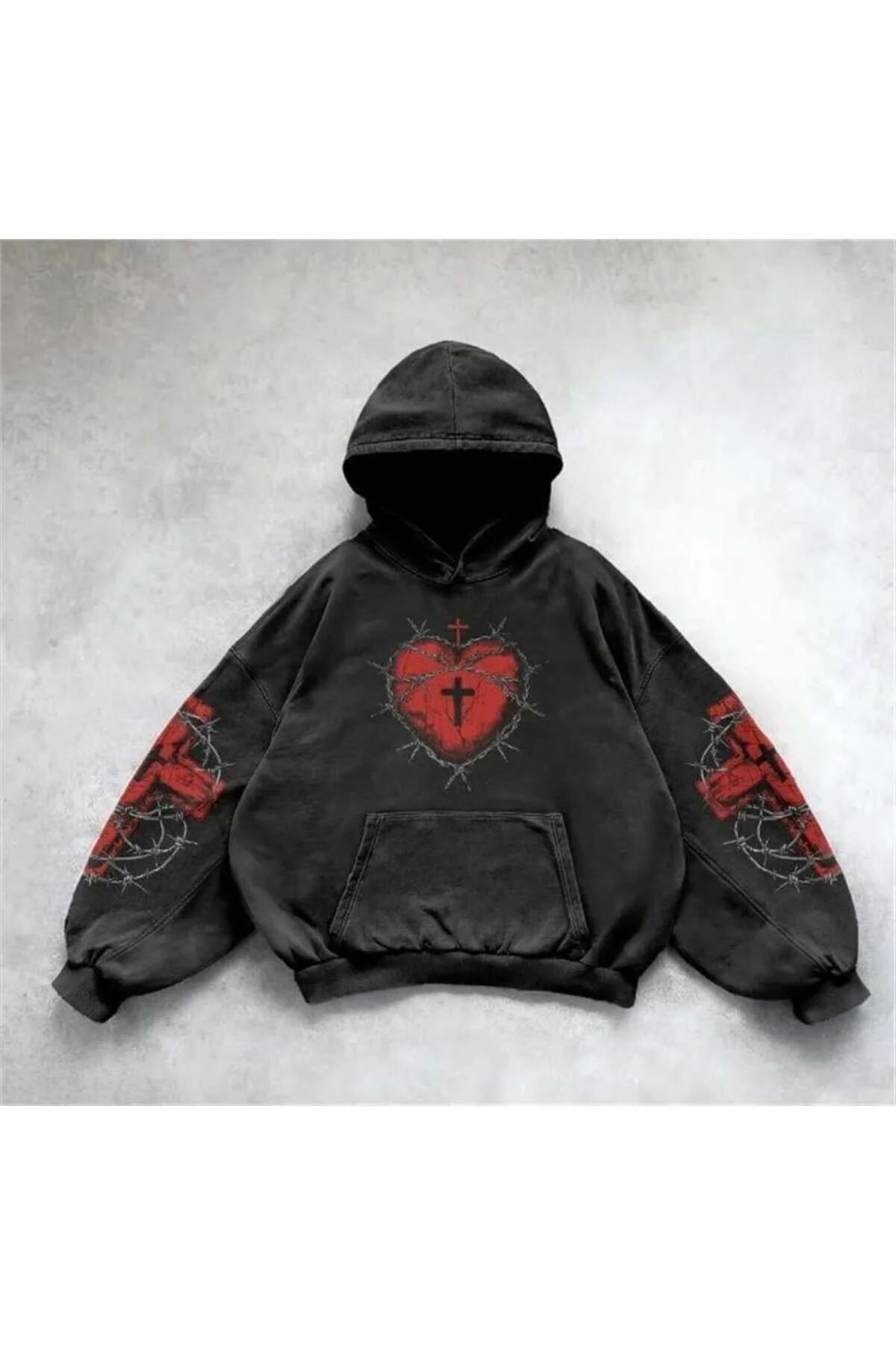Siyah Gothic Barbed Wire Heart Cross Kapüşonlu