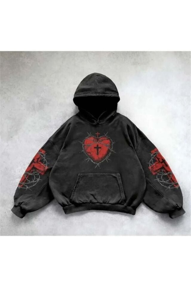 Siyah Gothic Barbed Wire Heart Cross Kapüşonlu
