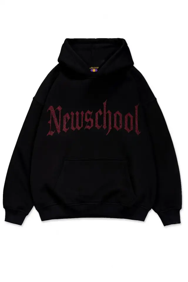NewSchool Kırmızı Taş Baskılı Oversize Unisex Kapüşonlu Sweatshirt