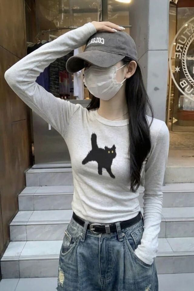 Kar Melanj Cat Bisiklet Yaka Street Y2K Uzun Kollu Crop