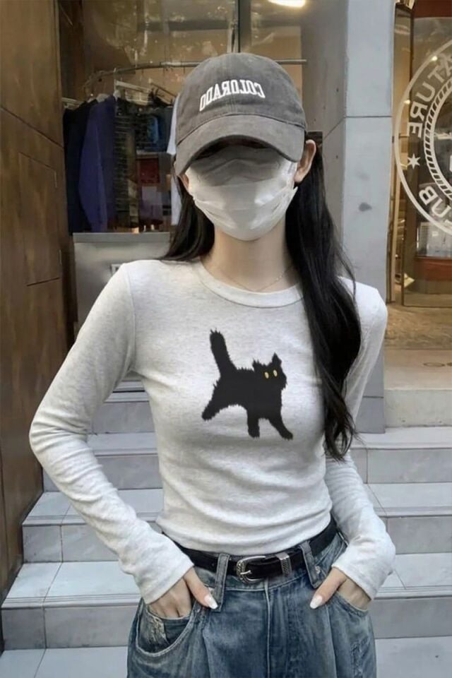 Kar Melanj Cat Bisiklet Yaka Street Y2K Uzun Kollu Crop