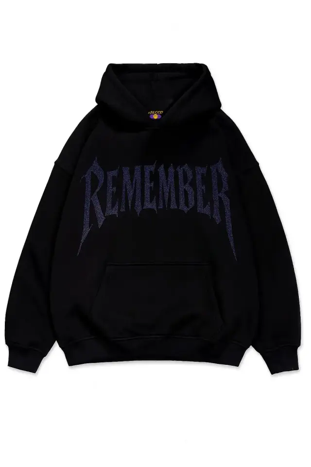 Remember Mavi Taş Baskılı Oversize Unisex Kapüşonlu Sweatshirt