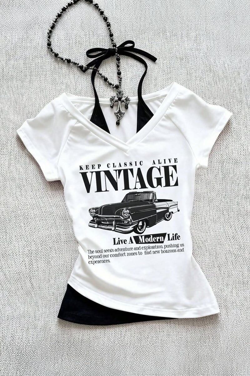Beyaz Vintage Modern Life Ek Askılı Y2K Kısa Kollu Crop