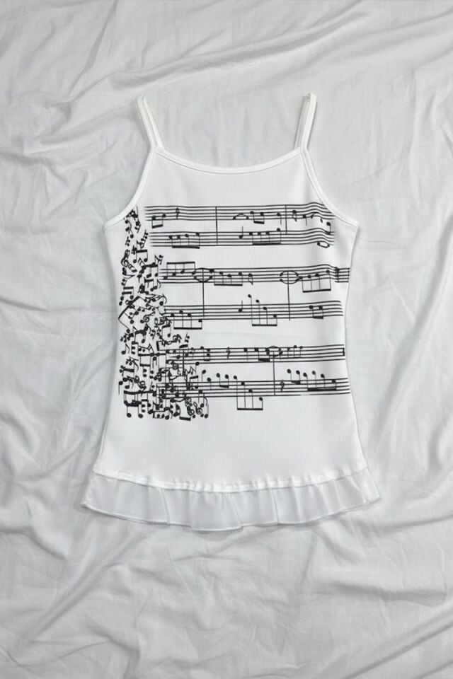 Beyaz Nota Desenli Y2K Askılı Crop