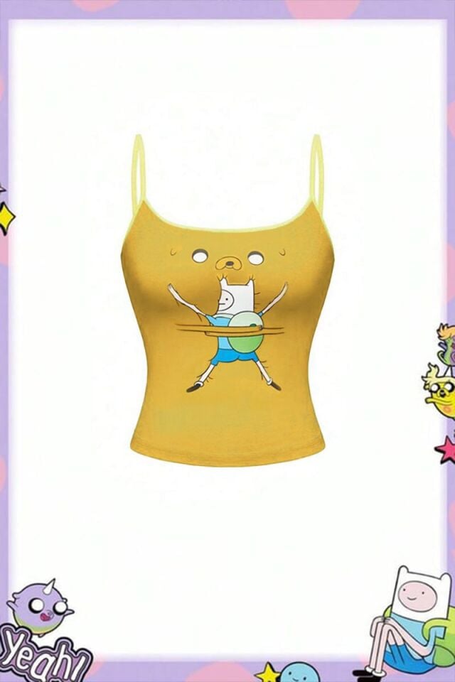 Sarı Adventure Time Finn and Jack Y2K Askılı Crop