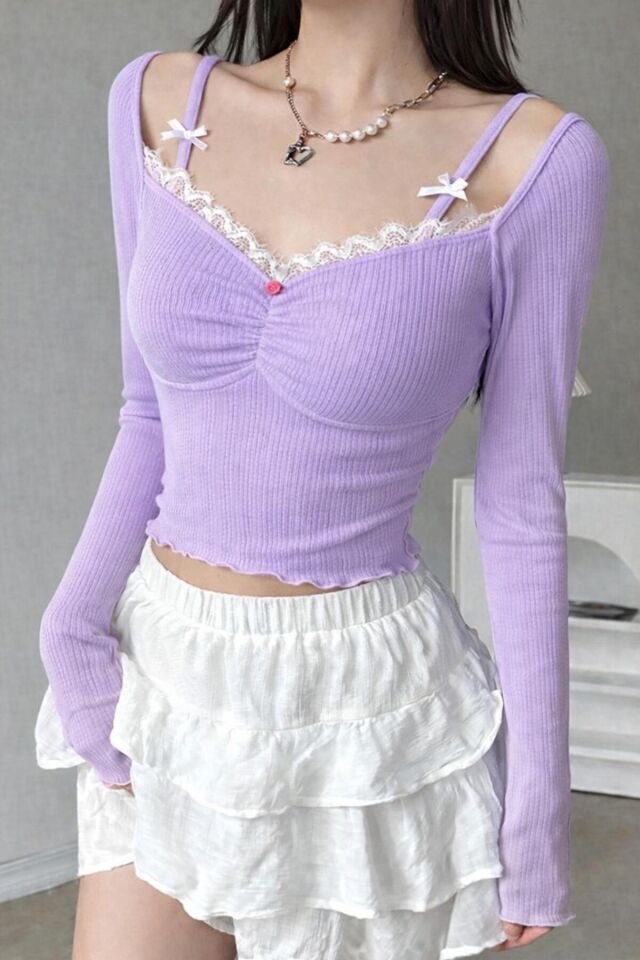 Pinterest Madonna yaka dantelli rose askı detaylı coquette lolita tam boy bluz Mor - 2XL