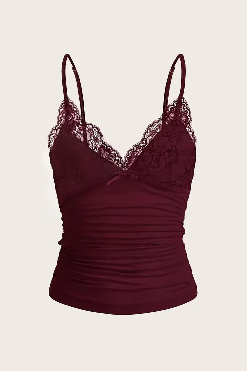 Bordo Dantel Detaylı Fiyonklu Y2K Askılı Crop