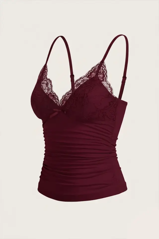 Bordo Dantel Detaylı Fiyonklu Y2K Askılı Crop