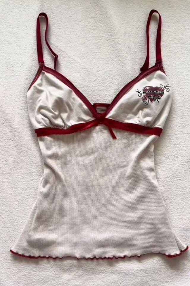 Beyaz Vive Maria Kırmızı Şeritli Fiyonk Detaylı Vintage Y2K Askılı Crop