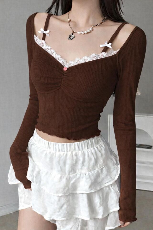 Pinterest Madonna yaka dantelli rose askı detaylı coquette lolita tam boy bluz Kahverengi - 2XS