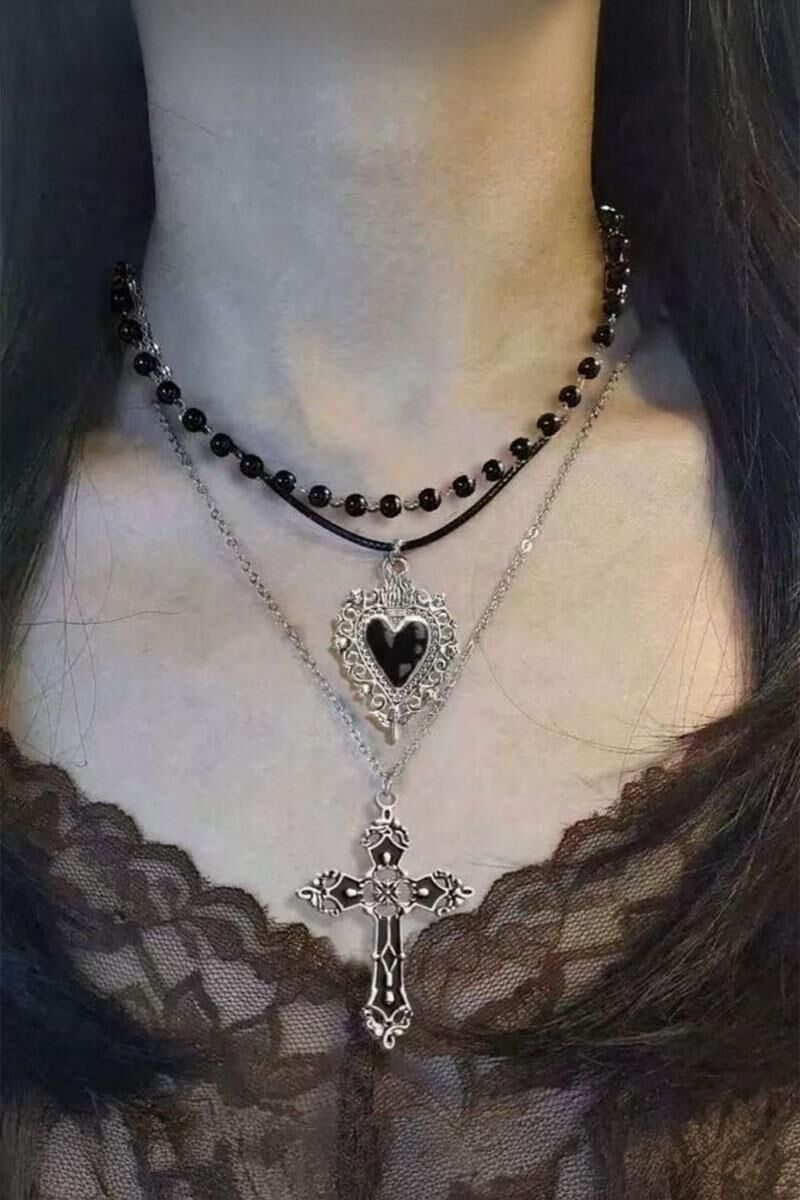 Siyah 3'lü Set Gotik Hac Kolye ve Siyah Boncuklu Kalp Gerdanlık Kolye
