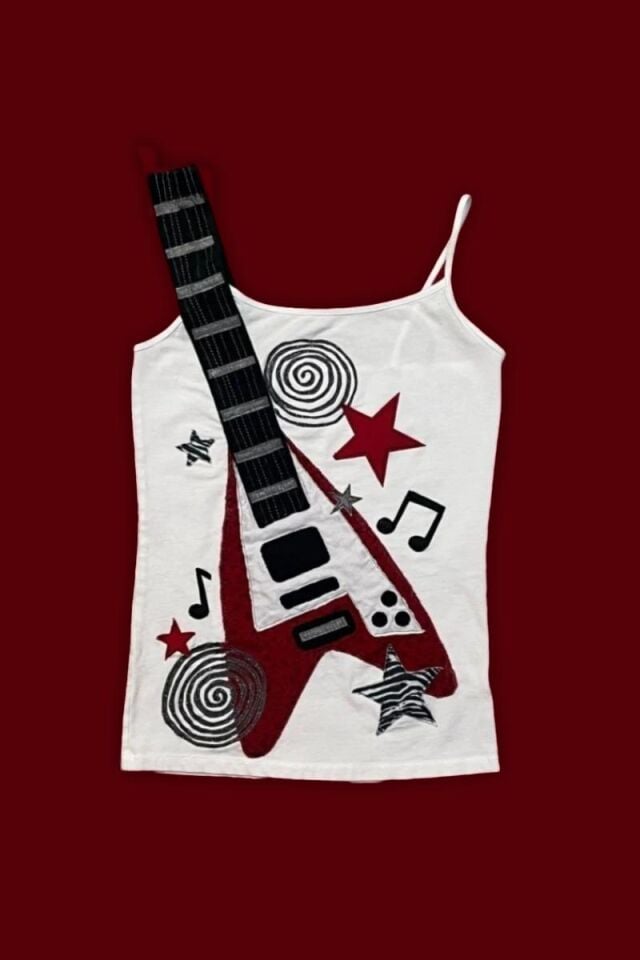 Beyaz Gitar Askılı Y2K Askılı Crop