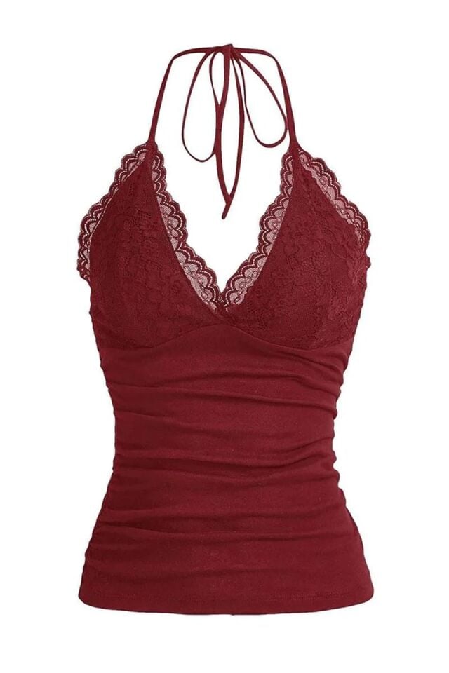 Bordo Dantelli Bağlamalı Y2K Askılı Crop