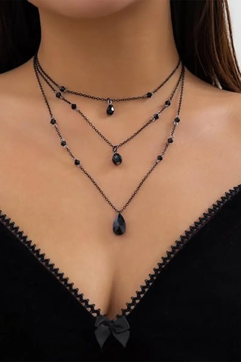 Siyah 3 Sıralı Siyah Kristal Kolye