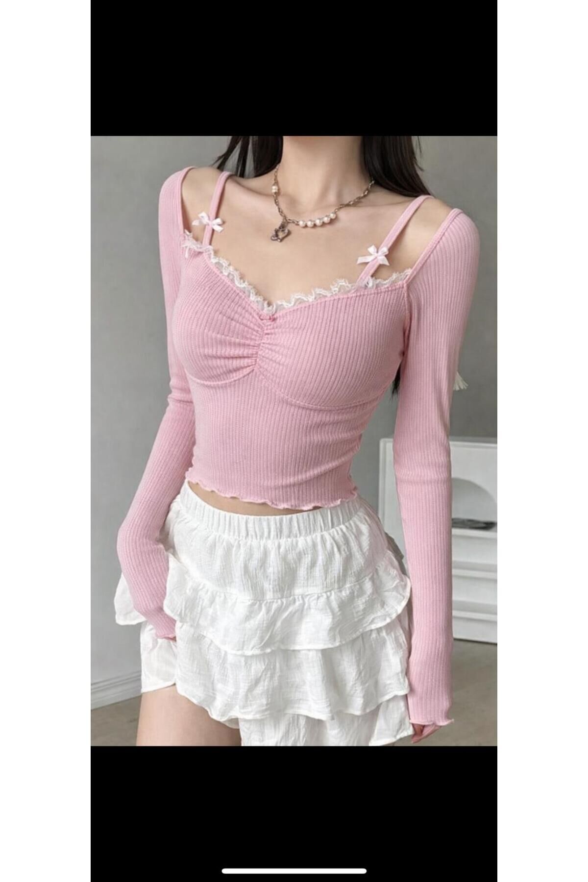 Pinterest Madonna yaka dantelli rose askı detaylı coquette lolita tam boy bluz Pembe - M