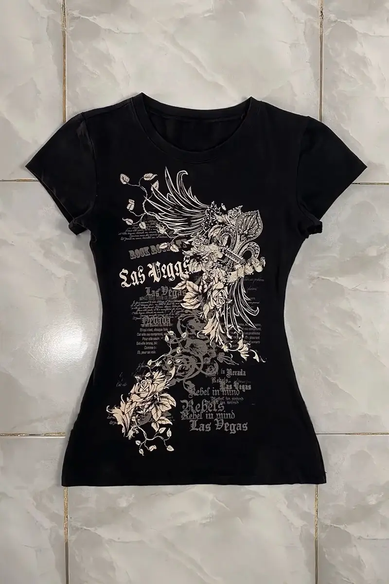 Siyah Las Vegas Rebels Grunge Y2K Kısa Kollu Bluz