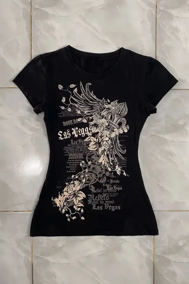 Siyah Las Vegas Rebels Grunge Y2K Kısa Kollu Bluz