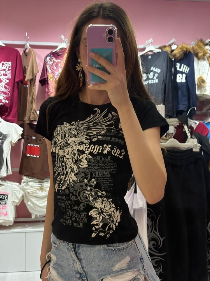 Siyah Las Vegas Rebels Grunge Y2K Kısa Kollu Bluz