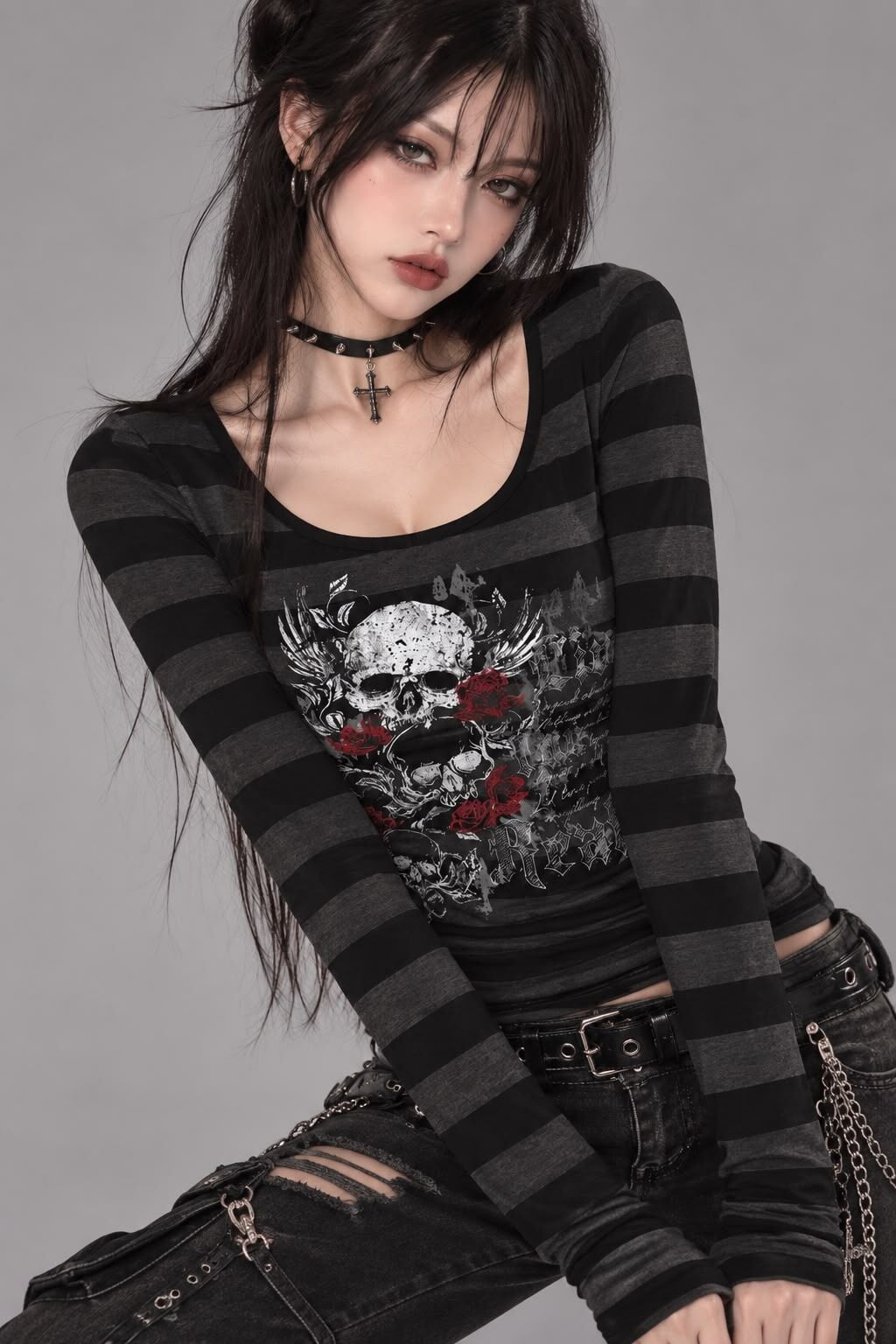 Siyah Antrasit Çizgili Skull Red Rose Gotik Y2K Uzun Kollu bluz