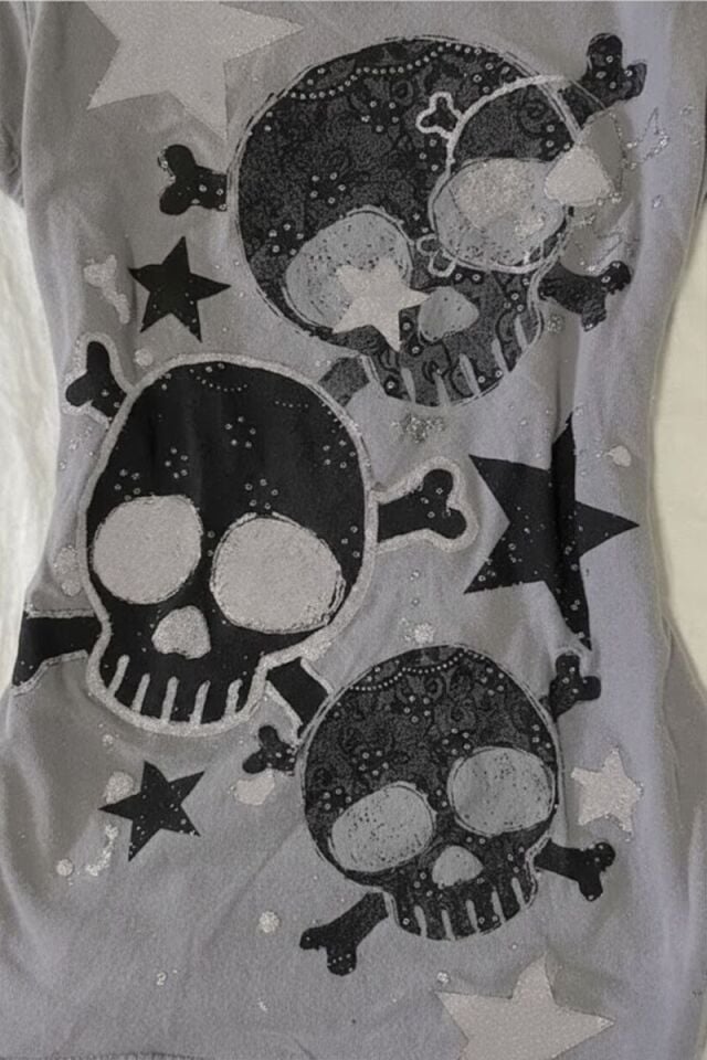 Gri Skull Yıldız Detaylı Baskılı Grunge Y2K Kısa Kollu Crop