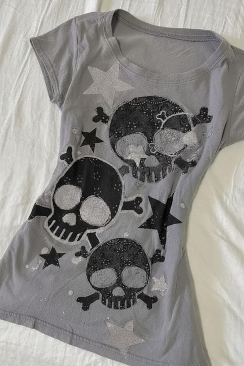 Gri Skull Yıldız Detaylı Baskılı Grunge Y2K Kısa Kollu Crop