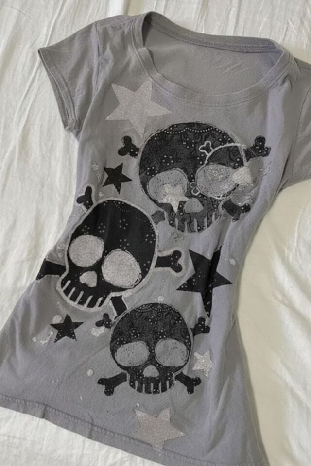 Gri Skull Yıldız Detaylı Baskılı Grunge Y2K Kısa Kollu Crop