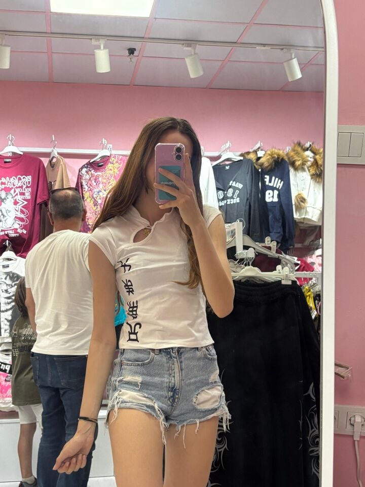 Beyaz Qipao Vintage Pencere Detaylı Y2K Kısa Kollu Bluz