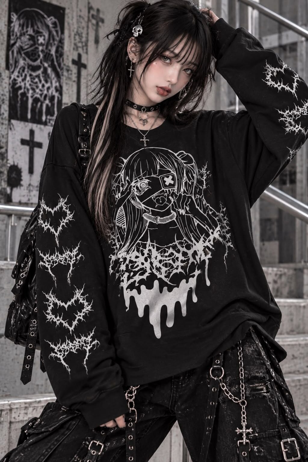 Siyah Yami Kawai Anime Grunge Y2K Sweatshirt