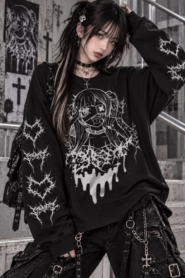 Siyah Yami Kawai Anime Grunge Y2K Sweatshirt