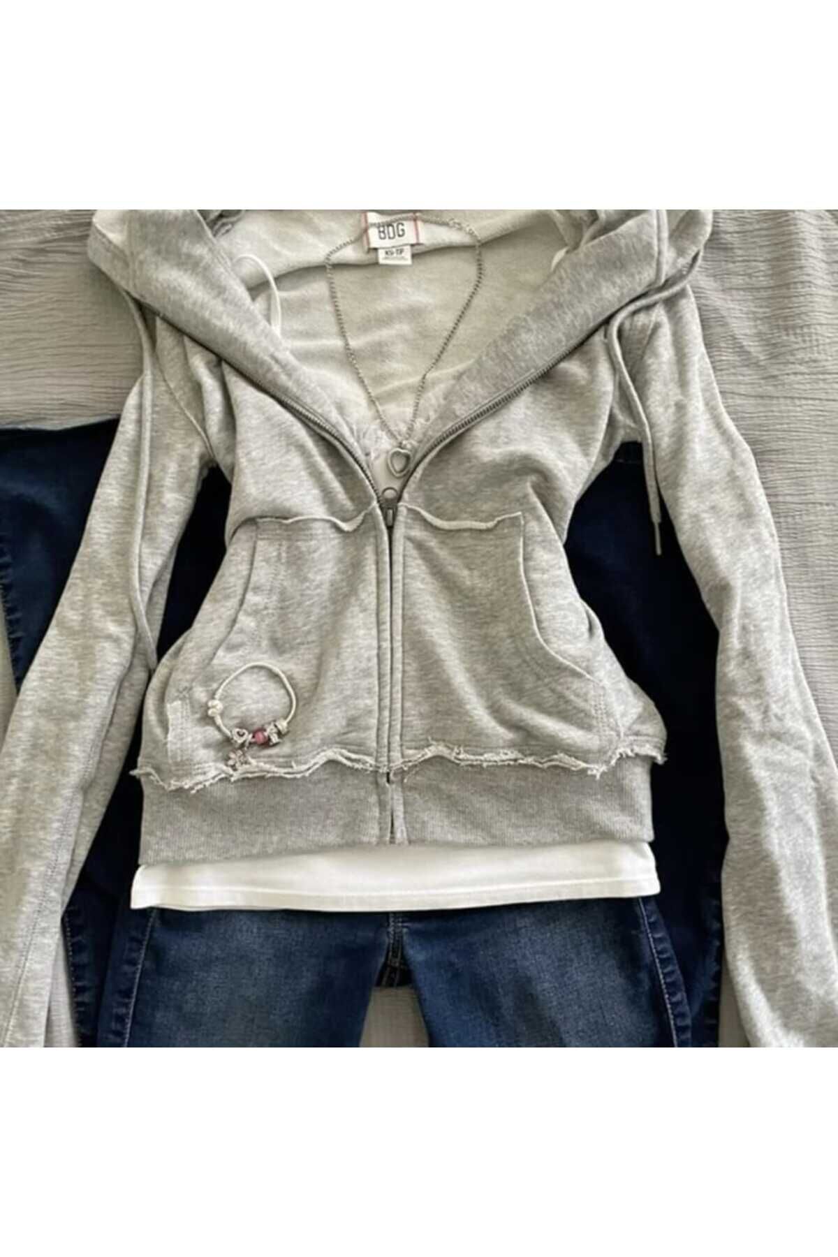 Yırtık Detaylı Street Y2K Uzun Kollu Crop Hırka Açık Gri - S