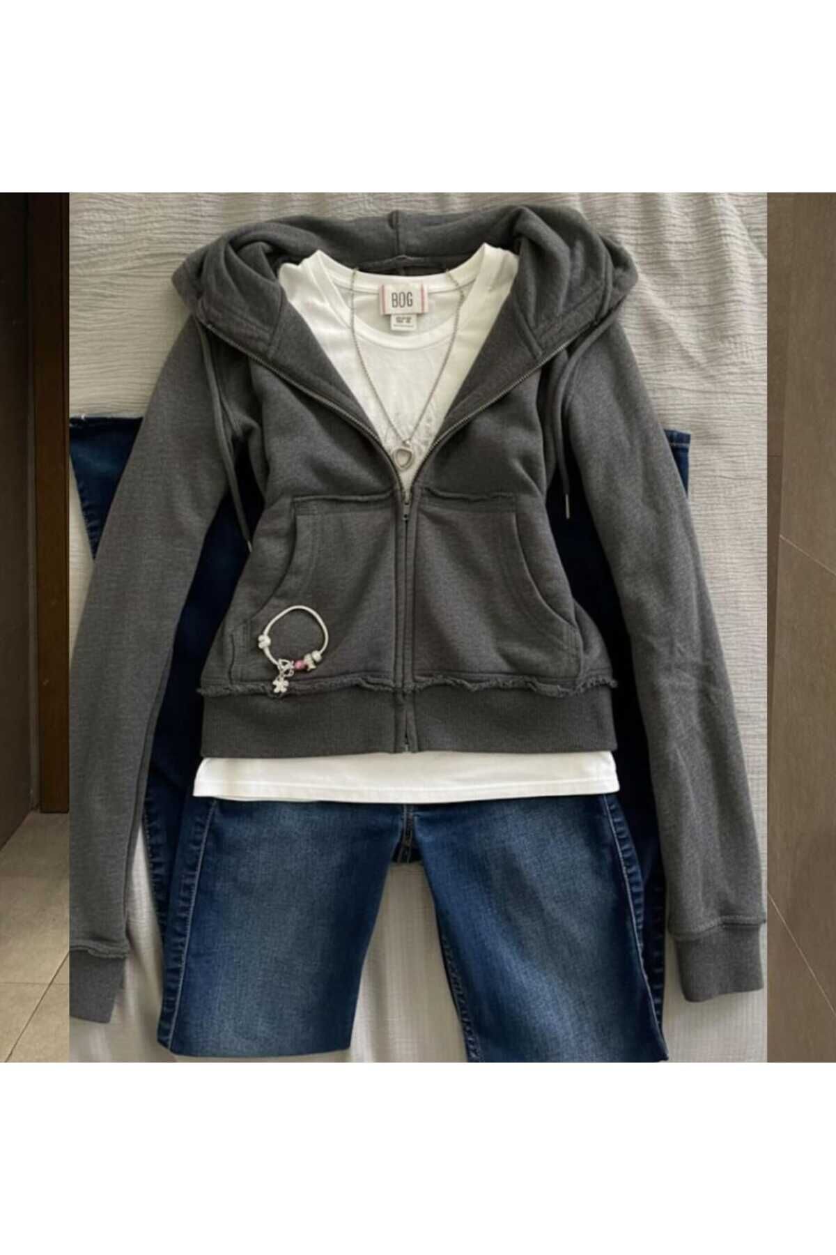 Yırtık Detaylı Street Y2K Uzun Kollu Crop Hırka Gri - L