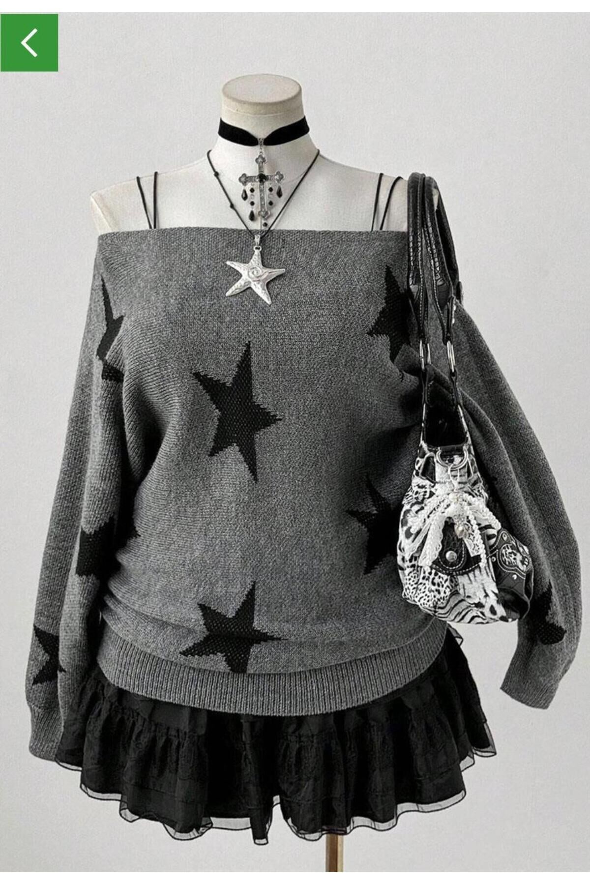 Siyah Stars Askılı Y2K Vintage Triko Kazak Gri - L