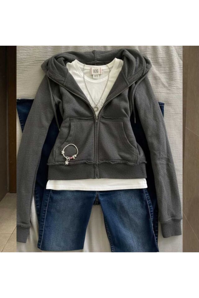 Yırtık Detaylı Street Y2K Uzun Kollu Crop Hırka Gri - M