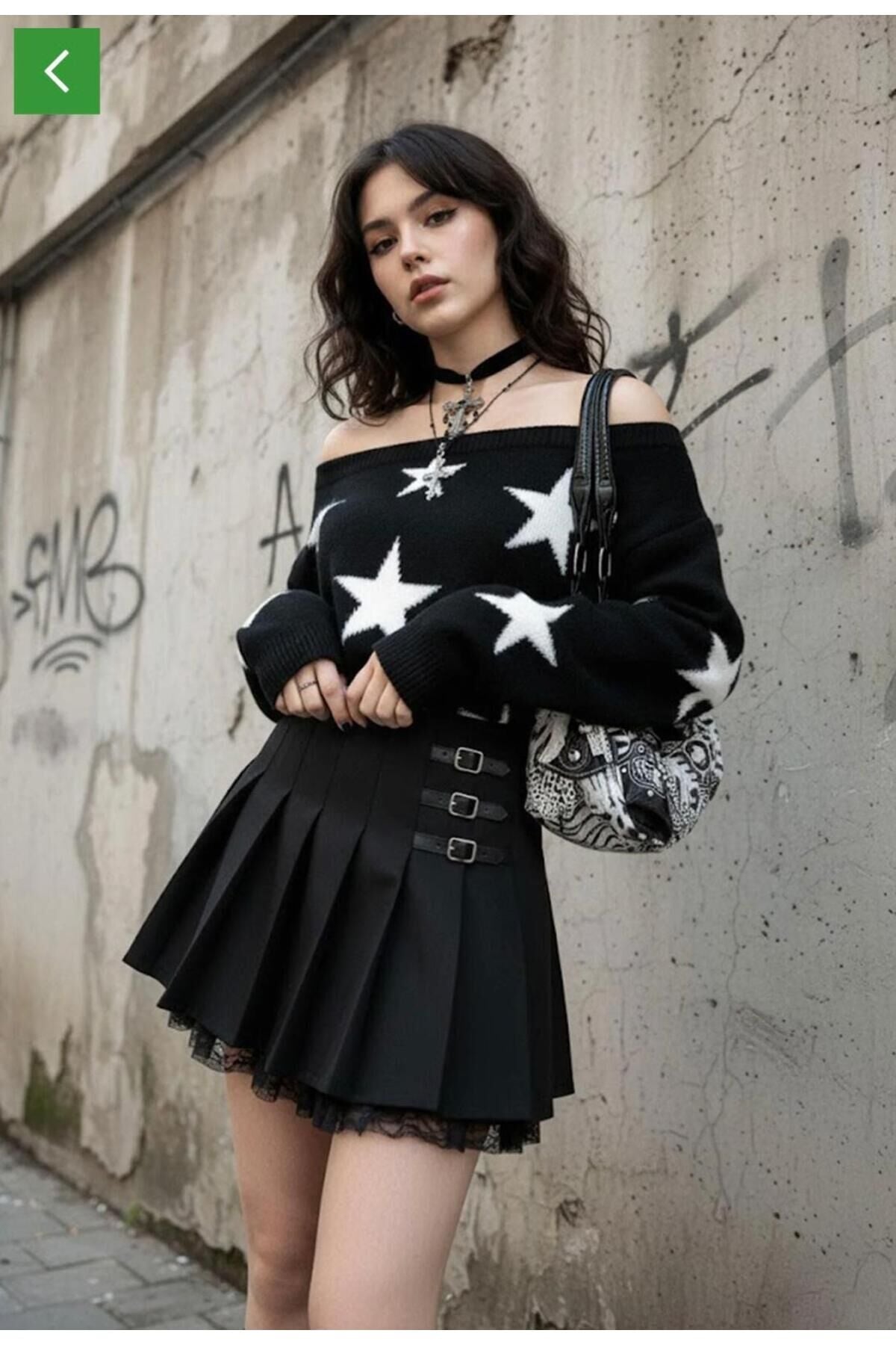 Siyah Stars Askılı Y2K Vintage Triko Kazak Siyah - S