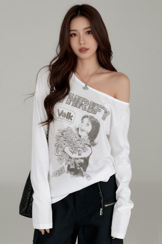 Beyaz Thrift Geniş Yaka Y2K Uzun Kollu Bluz