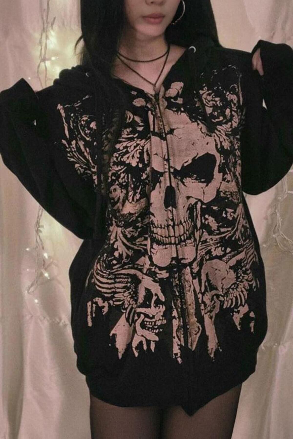 Siyah Baskılı Gotik Skull Y2K Kapüşonlu Unsiex Hırka Siyah - L