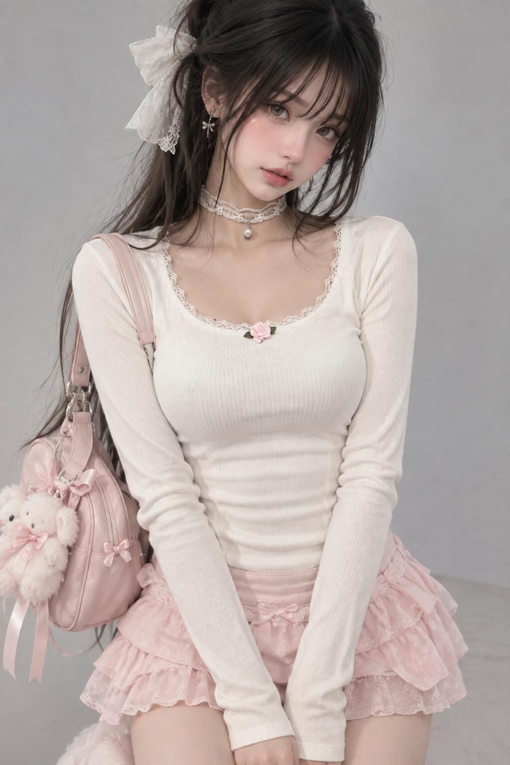 Coquette lolita Pinterest rose gül detaylı tam boy beyaz bluz