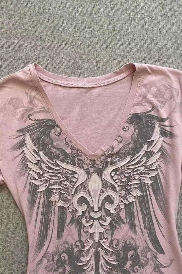 Pembe Gothic Wing Y2K Kısa Kollu Bluz