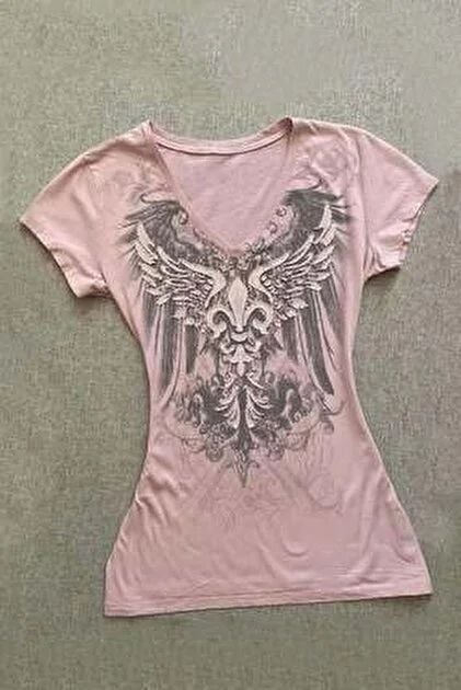 Pembe Gothic Wing Y2K Kısa Kollu Bluz