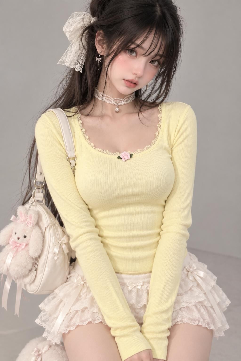 Coquette lolita Pinterest rose gül detaylı tam boy  sarı bluz