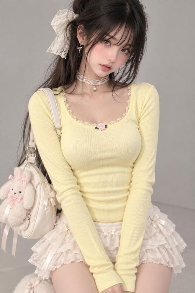 Coquette lolita Pinterest rose gül detaylı tam boy  sarı bluz