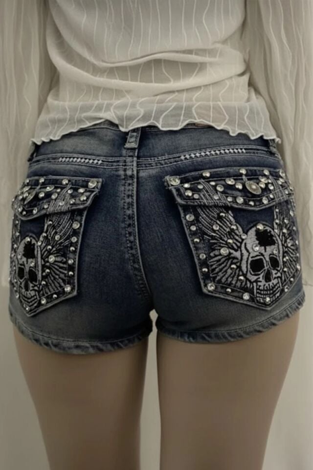 Mavi Yıkamalı Taşlı Skull Wings Grunge Y2K Kot Mini Şort