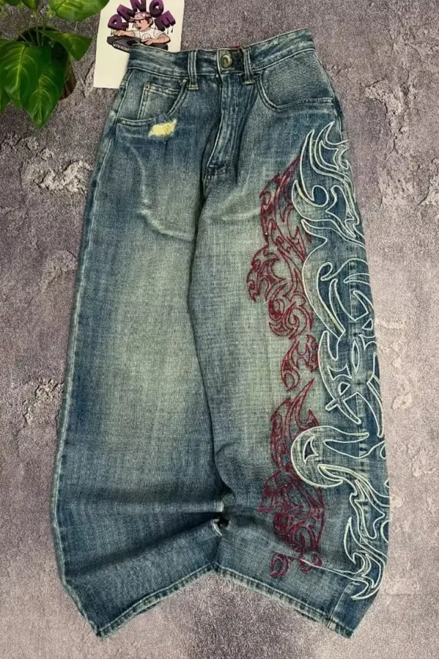 Mavi Taşlamalı Vintage Tribal Baskılı Grunge Baggy Y2K Unisex Pantolon