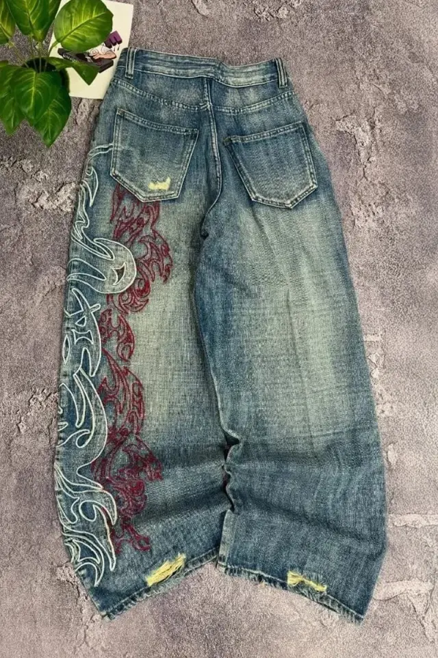 Mavi Taşlamalı Vintage Tribal Baskılı Grunge Baggy Y2K Unisex Pantolon