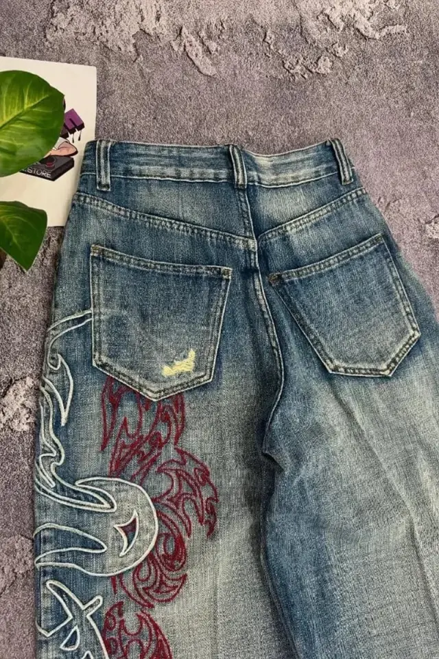 Mavi Taşlamalı Vintage Tribal Baskılı Grunge Baggy Y2K Unisex Pantolon