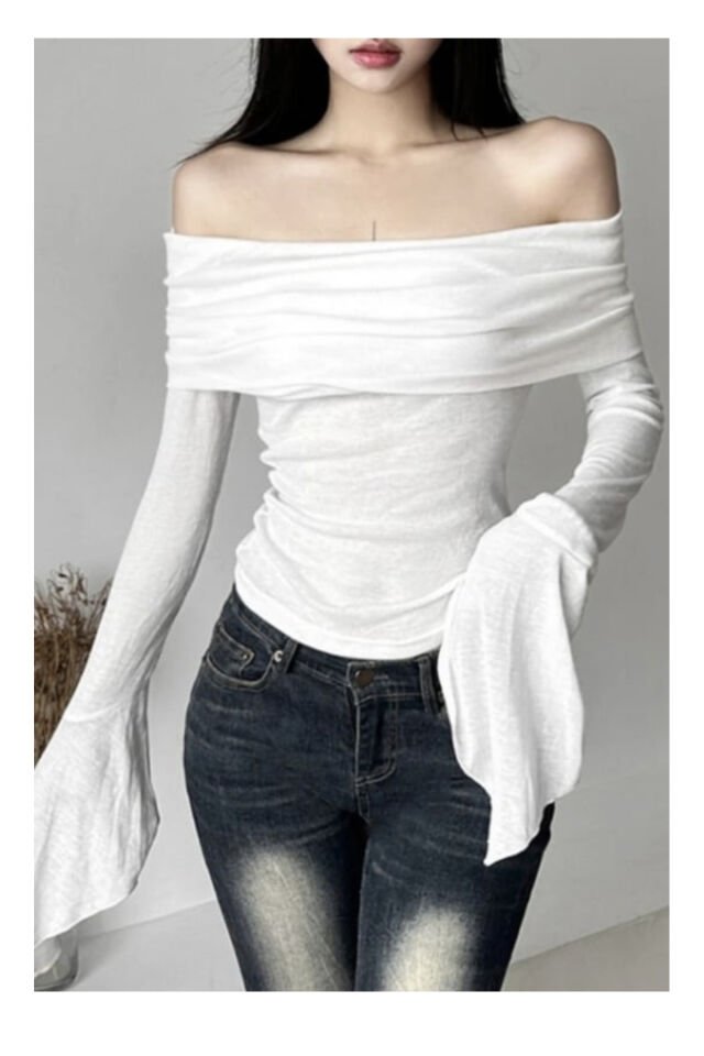 Vintage Style İspanyol Kollu Madonna Yaka Uzun Kollu Bluz Beyaz - S
